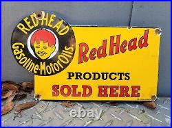 Vintage Red Head Porcelain Sign Motor Oil Gasoline Station Service Garage Lube