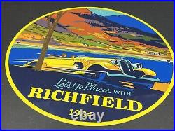 Vintage Richfield Motor Oil & Gas 12 Porcelain Metal Advertising Sunset Sign