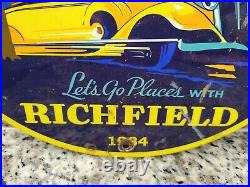 Vintage Richfield Porcelain Sign Motor Oil Gas Station Service Pump Plate Cars