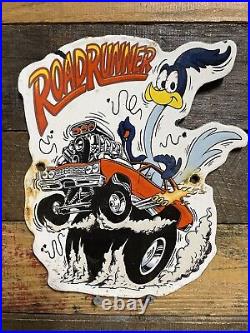 Vintage Road Runner Porcelain Sign Gas Station Motor Oil Service Lube Muscle Car