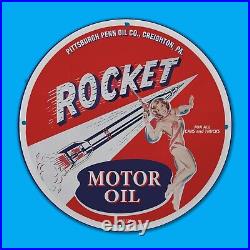 Vintage Rocket Motor Oil Gas Station Service Man Cave Oil Porcelain Sign