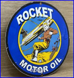 Vintage Rocket Motor Oil Porcelain Sign Gas Station Pump Plate Dennis The Menace