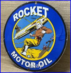 Vintage Rocket Motor Oil Porcelain Sign Gas Station Pump Plate Dennis The Menace