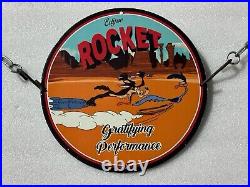 Vintage Rocket Motor Oil Road Runner Porcelain Gas Oil Pump Auto Plate Ad Sign