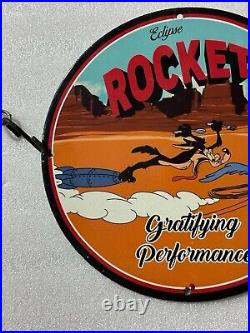 Vintage Rocket Motor Oil Road Runner Porcelain Gas Oil Pump Auto Plate Ad Sign