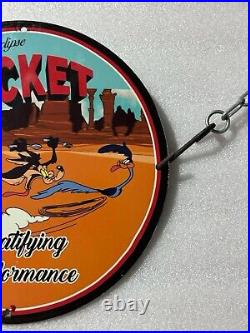 Vintage Rocket Motor Oil Road Runner Porcelain Gas Oil Pump Auto Plate Ad Sign