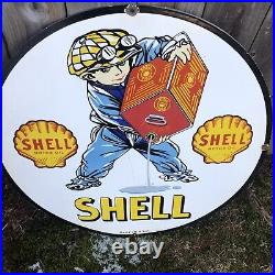 Vintage SHELL Motor oil with little boy? Porcelain sign 30 inch Display