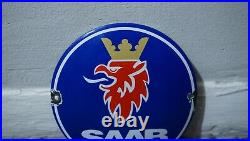 Vintage Saab Porcelain Metal Sign Gas Oil Motor Car Station Pump Push Plate Rare