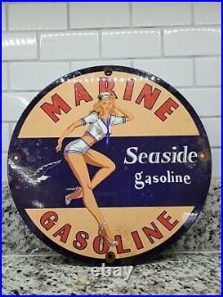 Vintage Seaside Gasoline Porcelain Sign Marine Motor Oil Repair Gas Service Pump