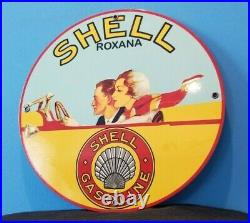 Vintage Shell Gasoline Roxana Porcelain Metal Gas Motor Oil Service Station Sign