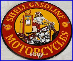 Vintage Shell Motorcycle Gasoline Porcelain Gas Station Sign Motor Oil Pin Up