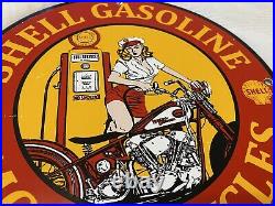 Vintage Shell Motorcycle Gasoline Porcelain Gas Station Sign Motor Oil Pin Up