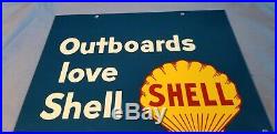 Vintage Shell Outboard Motor Oil 18 Porcelain Metal Gasoline Marine Boat Sign