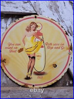 Vintage Shell Porcelain Sign 1951 Gasoline Woman Motor Oil Gas Service Pump Girl