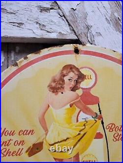 Vintage Shell Porcelain Sign 1951 Gasoline Woman Motor Oil Gas Service Pump Girl