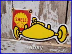 Vintage Shell Porcelain Sign Gasoline Motor Oil Race Car Gas Automobile Garage
