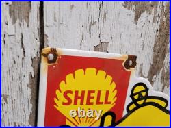 Vintage Shell Porcelain Sign Gasoline Motor Oil Race Car Gas Automobile Garage