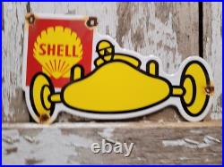 Vintage Shell Porcelain Sign Gasoline Motor Oil Race Car Gas Automobile Garage