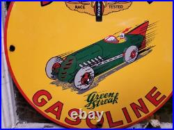 Vintage Shell Porcelain Sign Green Streak Race Car Motor Oil Gas Pump Plate 12