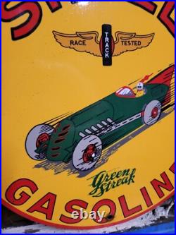 Vintage Shell Porcelain Sign Green Streak Race Car Motor Oil Gas Pump Plate 12