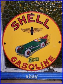 Vintage Shell Porcelain Sign Green Streak Race Car Motor Oil Gas Pump Plate 12