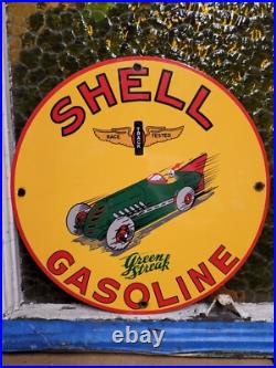 Vintage Shell Porcelain Sign Green Streak Race Car Motor Oil Gas Pump Plate 12