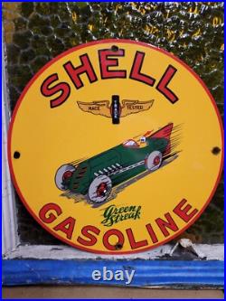 Vintage Shell Porcelain Sign Green Streak Race Car Motor Oil Gas Pump Plate 12