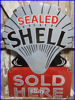 Vintage Shell Porcelain Sign Old 36 Diecut Gas Gasoline Motor Oil Sold Here USA