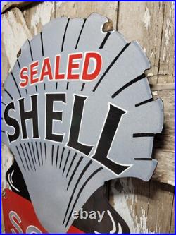 Vintage Shell Porcelain Sign Old 36 Diecut Gas Gasoline Motor Oil Sold Here USA