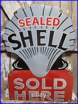 Vintage Shell Porcelain Sign Old 36 Diecut Gas Gasoline Motor Oil Sold Here USA