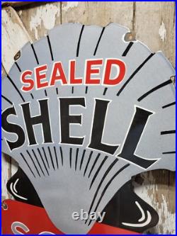 Vintage Shell Porcelain Sign Old 36 Diecut Gas Gasoline Motor Oil Sold Here USA