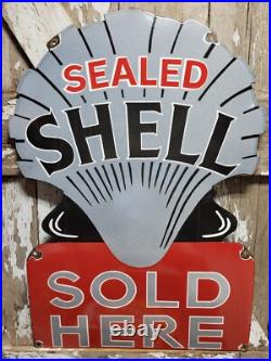Vintage Shell Porcelain Sign Old 36 Diecut Gas Gasoline Motor Oil Sold Here USA