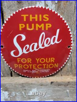 Vintage Shell Porcelain Sign Old Gas Pump Sealed Safety Plate Motor Oil 6 Sign