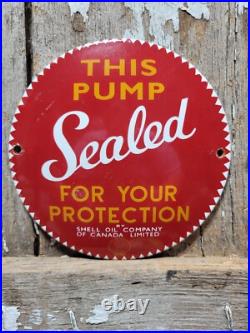 Vintage Shell Porcelain Sign Old Gas Pump Sealed Safety Plate Motor Oil 6 Sign