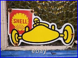 Vintage Shell Porcelain Sign Station Gasoline Motor Oil Race Car Engine Service