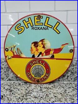 Vintage Shell Roxana Porcelain Sign Motor Oil Gas Station Service Pump Plate