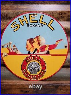 Vintage Shell Roxana Porcelain Sign Motor Oil Gas Station Service Pump Plate
