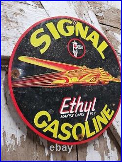Vintage Signal Gasoline Porcelain Sign Motor Oil Ethyl Gas Station Service Pump