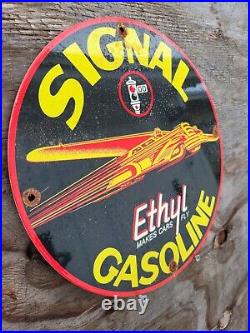 Vintage Signal Gasoline Porcelain Sign Motor Oil Ethyl Gas Station Service Pump