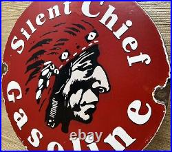 Vintage Silent Chief Gasoline Porcelain Gas Station Sign Motor Oil Pump Plate