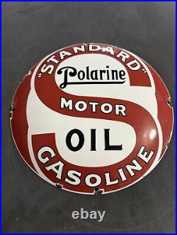 Vintage Standard Motor Oil Gasoline Polarine Porcelain Enamel Pump Plate Sign