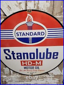 Vintage Standard Porcelain Sign 30 Stanolube Gas Service Heavy Duty Motor Oil