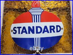 Vintage Standard Porcelain Sign Old Torch Motor Oil Curved Gas Pump Plate Amoco