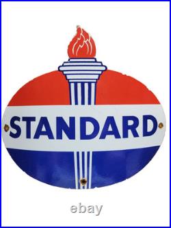 Vintage Standard Porcelain Sign Old Torch Motor Oil Curved Gas Pump Plate Amoco