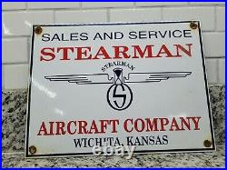 Vintage Stearman Aircraft Porcelain Sign Airplane Gas Motor Oil Kansas Airport