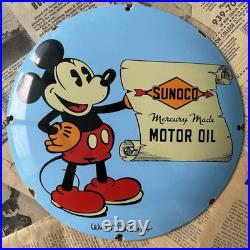 Vintage Sunoco Motor Oil Walt Disney 12 Inch Convex Porcelain Enamel Sign