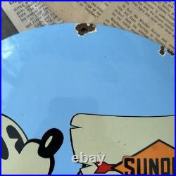 Vintage Sunoco Motor Oil Walt Disney 12 Inch Convex Porcelain Enamel Sign