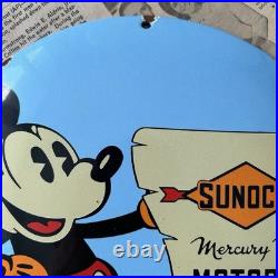 Vintage Sunoco Motor Oil Walt Disney 12 Inch Convex Porcelain Enamel Sign