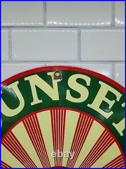 Vintage Sunset Gasoline Porcelain Sign Gas Station Pump Motor Oil Sun Man Cave