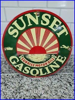 Vintage Sunset Gasoline Porcelain Sign Gas Station Pump Motor Oil Sun Man Cave